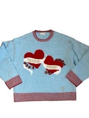 Taylor Swift Light Blue Album Hearts Sweater with Red-White Trim 4X